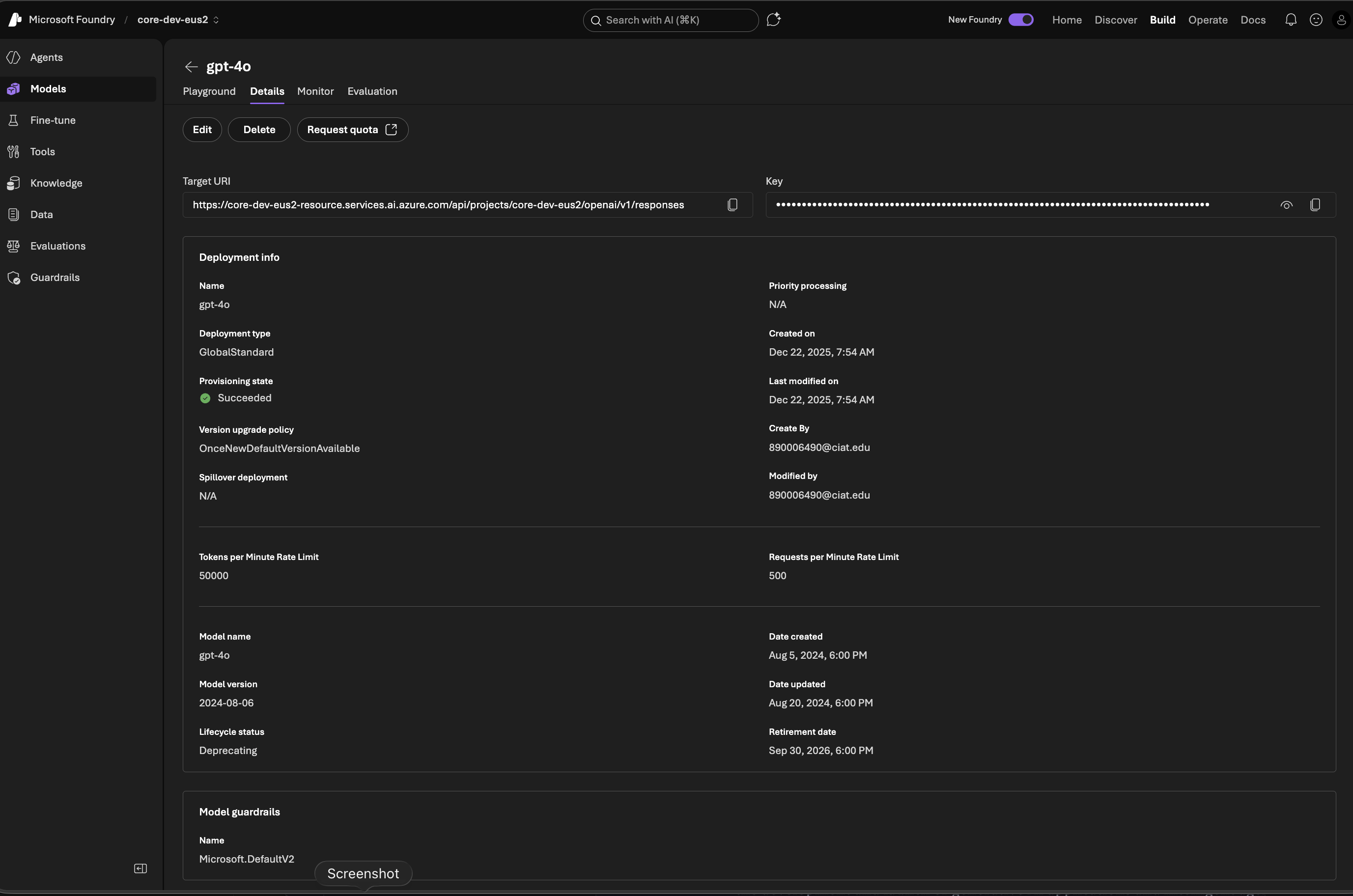 GPT-4o full deployment info — model version 2024-08-06, lifecycle status Deprecating, retirement Sep 30 2026